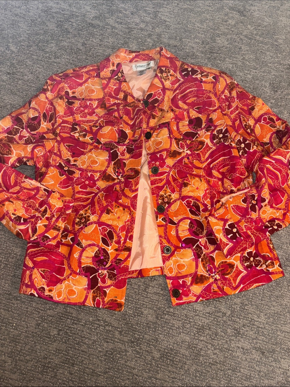 Coldwater Creek Vibrant Orange & Pink Printed Button Jacket